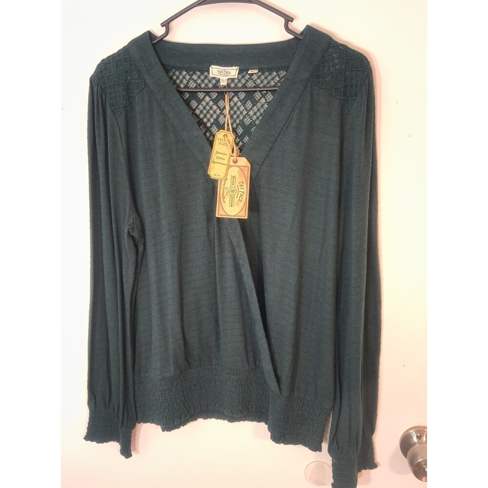 Fat Face Women's Long Sleeve V-Neck Pointelle, Green size 8  Top, NWT Cotton